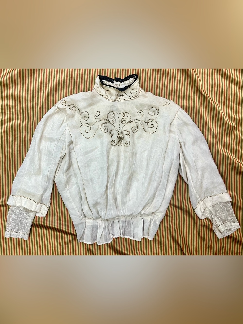 Antique Edwardian Beaded Silk Cream Blouse Whirling Log Lace Hook Eye AS IS XS